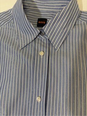 BOSS Women’s Blue, White and Subtle Metallic Silver Vertical Stripe Shirt